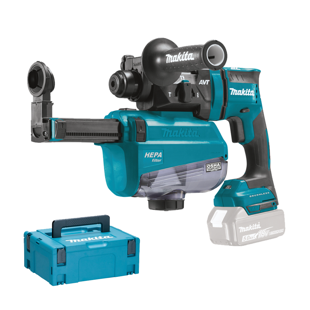 MAKITA DHR182ZWJ Ciocan rotopercutor Li-Ion, 18V, 1.7J, fara acumulator in set (SOLO) + Makpac + DX05 Sistem de extractie a praf
