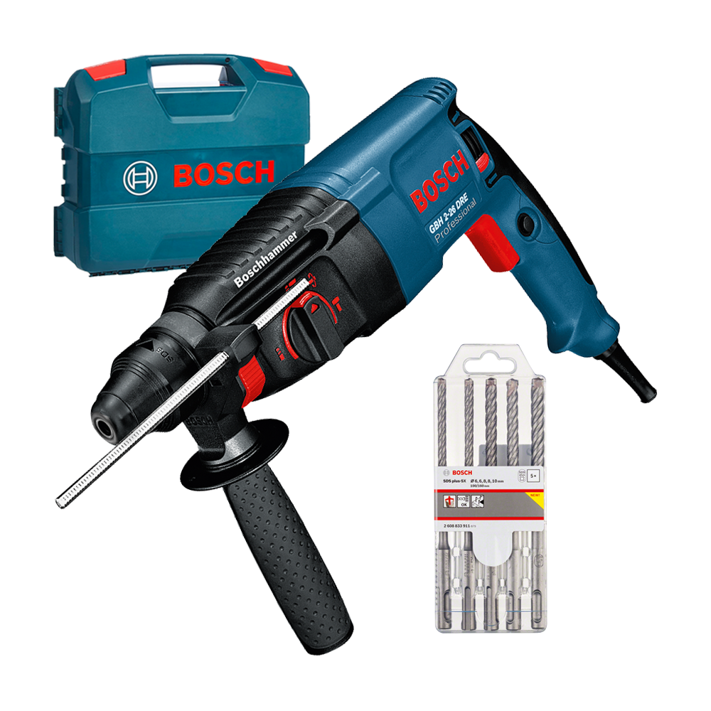 BOSCH GBH 2-26 DRE Ciocan rotopercutor SDS-plus 800 W, 2.7 J +  Set 5 burghie SDS-PLUS-5X, 6/6/8/8/10 mm