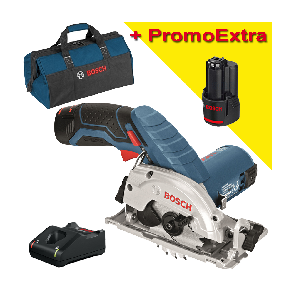 BOSCH GKS 12V-26 Ferastrau circular cu 2 acumulatori Li-Ion, 2Ah + Incarcator rapid de 4Ah GAL12V-40 + Geanta textil