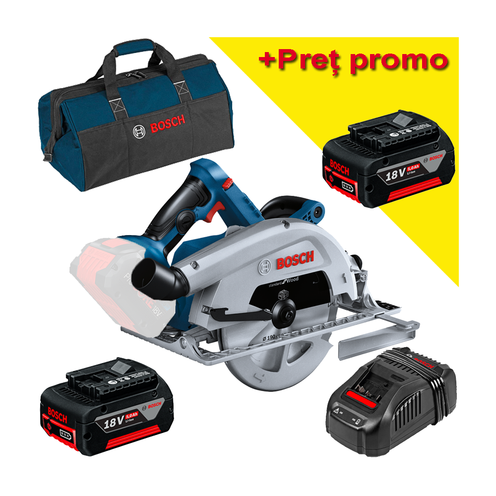 BOSCH GKS 18V-68 C Ferastrau circular brushless BITURBO, cu 2 acumulatori Li-Ion, 5Ah + Incarcator + Geanta textil mediu