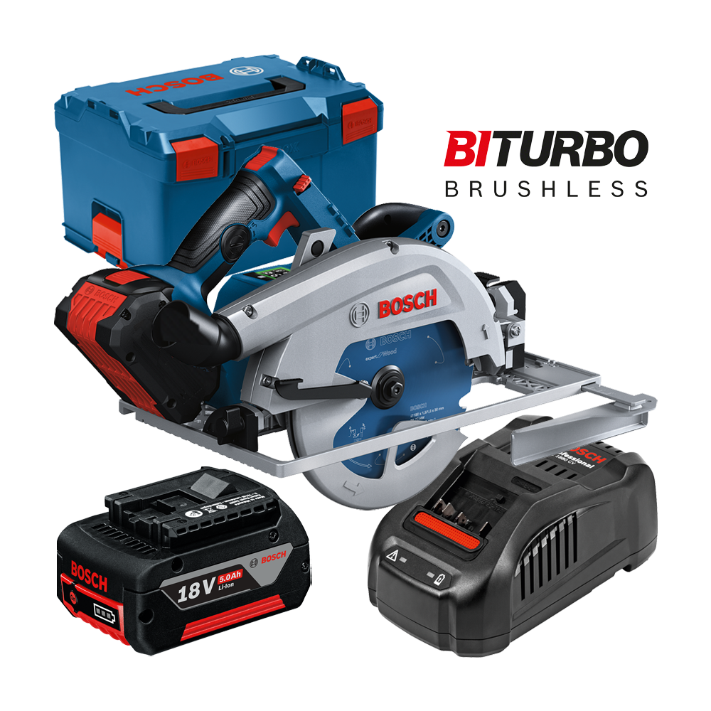 BOSCH GKS 18V-68 GC Ferastrau circular brushless BITURBO cu 2 acumulatori Li-Ion, 5Ah + Incarcator + L-BOXX