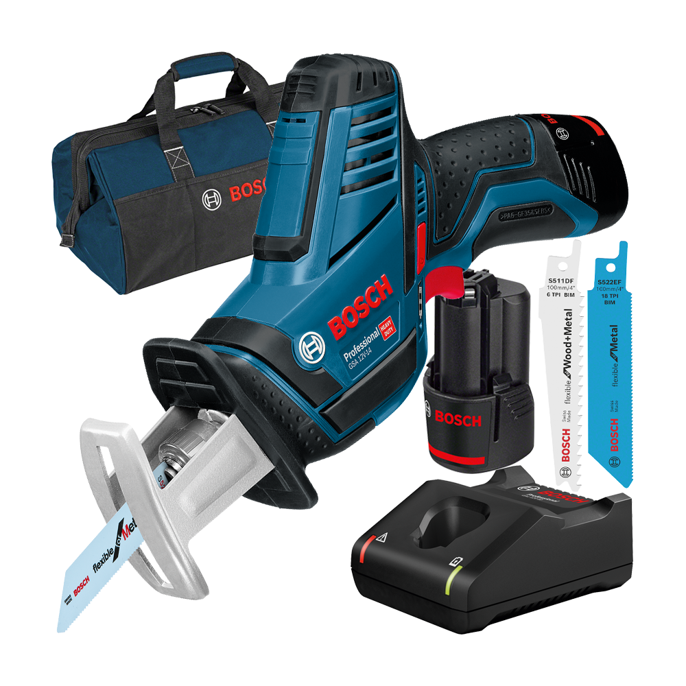 BOSCH GSA 12V-14 Ferastrau sabie cu 2 acumulatori Li-Ion, 3Ah + Incarcator rapid de 4Ah GAL12V-40 + Geanta textil
