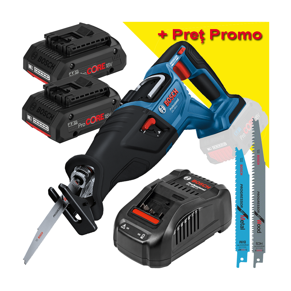 BOSCH GSA 185-LI Ferastrau sabie brushless, Li-Ion + 2 acumulatori 4Ah ProCore + Incarcator 8Ah