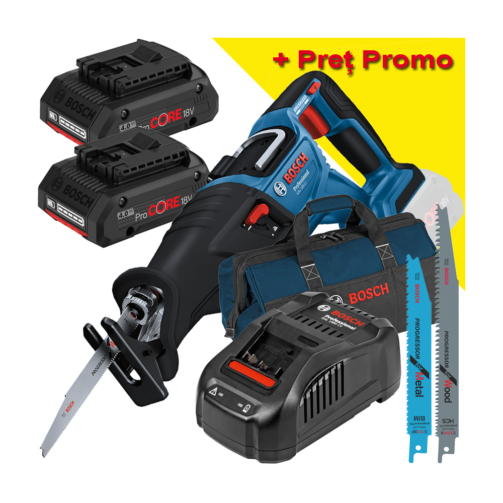 BOSCH GSA 185-LI Ferastrau sabie brushless, Li-Ion + 2 acumulatori 4Ah ProCore + Incarcator 8Ah + Geanta textil mediu