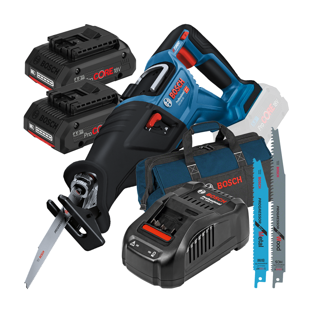 BOSCH GSA 185-LI Ferastrau sabie brushless, Li-Ion + 2 acumulatori 4Ah ProCore + Incarcator 8Ah + Geanta textil mediu