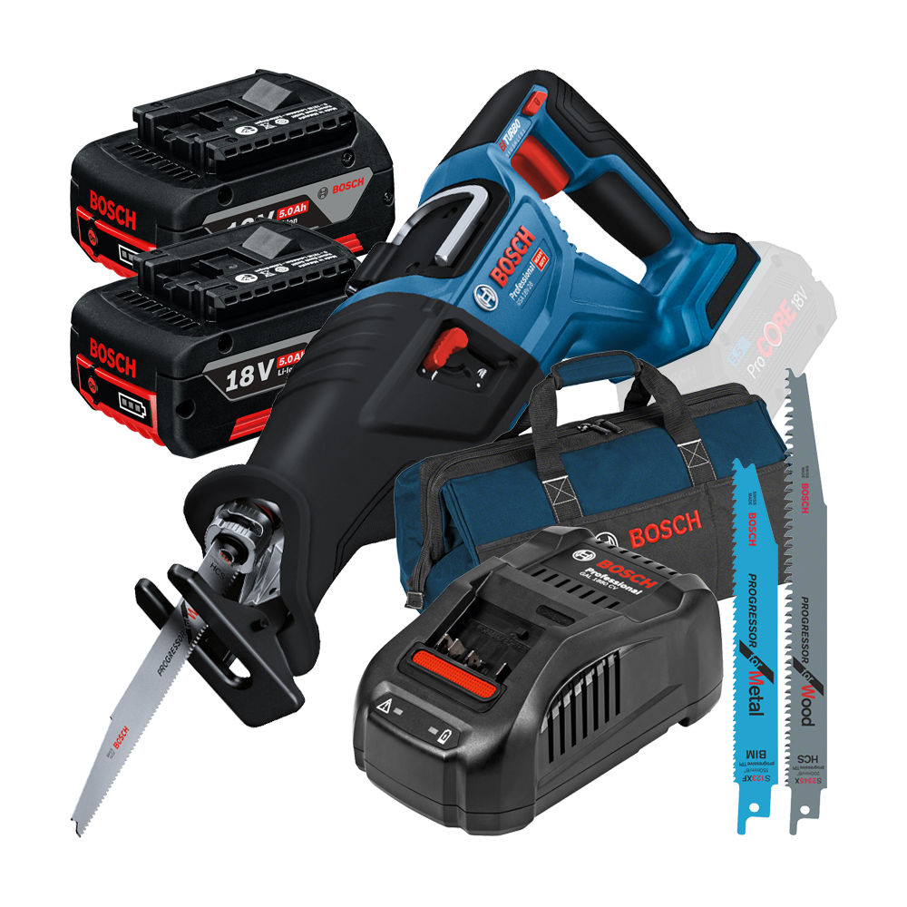 BOSCH GSA 185-LI Ferastrau sabie brushless, Li-Ion + 2 acumulatori 5Ah CoolPack + Incarcator 8Ah + Geanta textil mediu