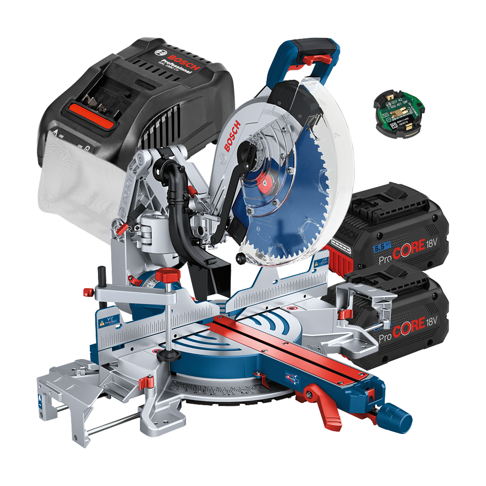 BOSCH GCM 18V-305 GDC Ferastrau circular stationar brushless BITURBO cu 2 acumulatori Li-Ion, 5.5Ah + Incarcator rapid de 8Ah