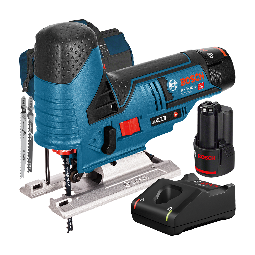 BOSCH GST 12V-70 Ferastrau vertical cu 2 acumulatori Li-Ion, 2Ah + Incarcator rapid de 4Ah GAL12V-40 + Geanta textil