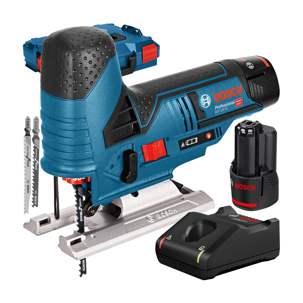 BOSCH GST 12V-70 Ferastrau vertical cu 2 acumulatori Li-Ion, 3Ah + L-BOXX