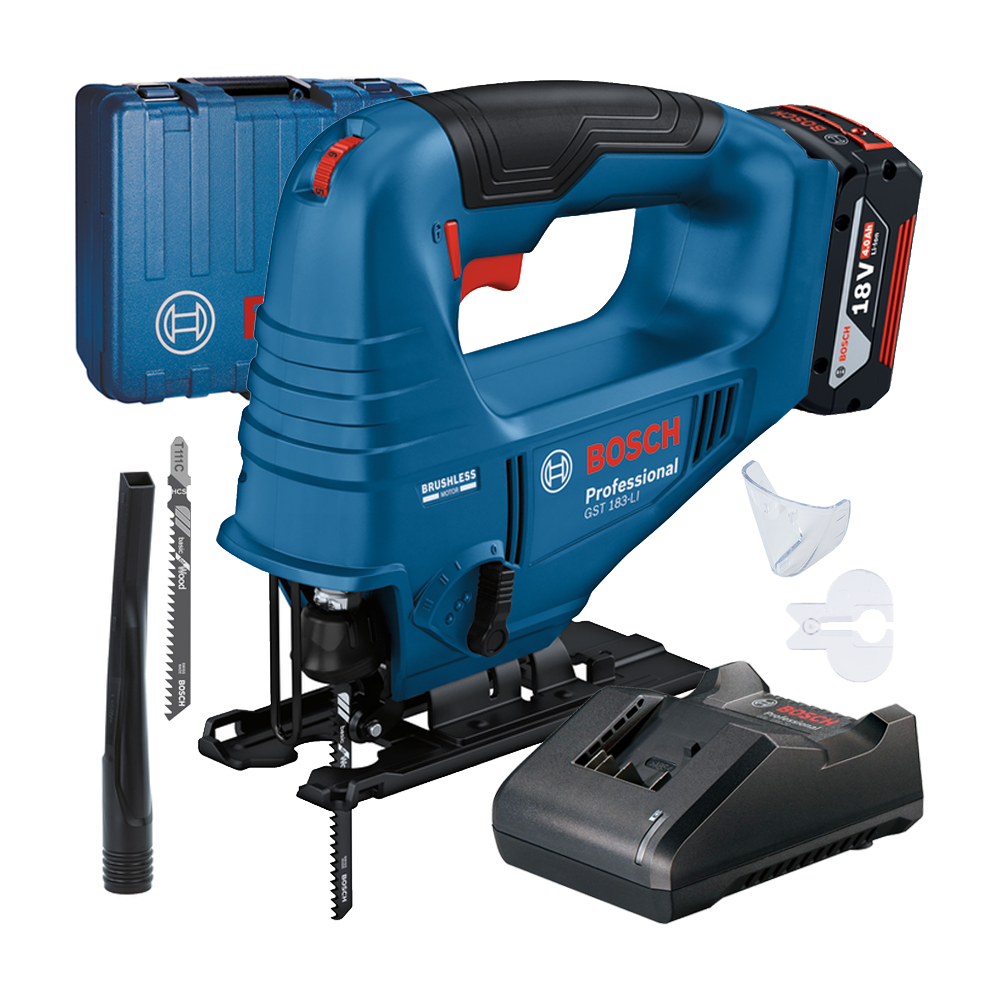 BOSCH GST 183-LI Ferastrau vertical cu 1 acumulator Li-Ion, 4Ah + Incarcator + Valiza