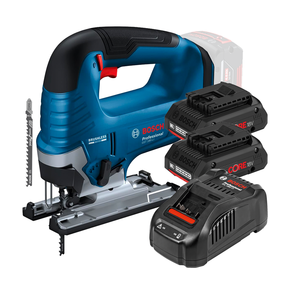 BOSCH GST 185-LI Ferastrau vertical  brushless, +  Set 2 acumulatori 4Ah ProCore + Incarcator 8Ah