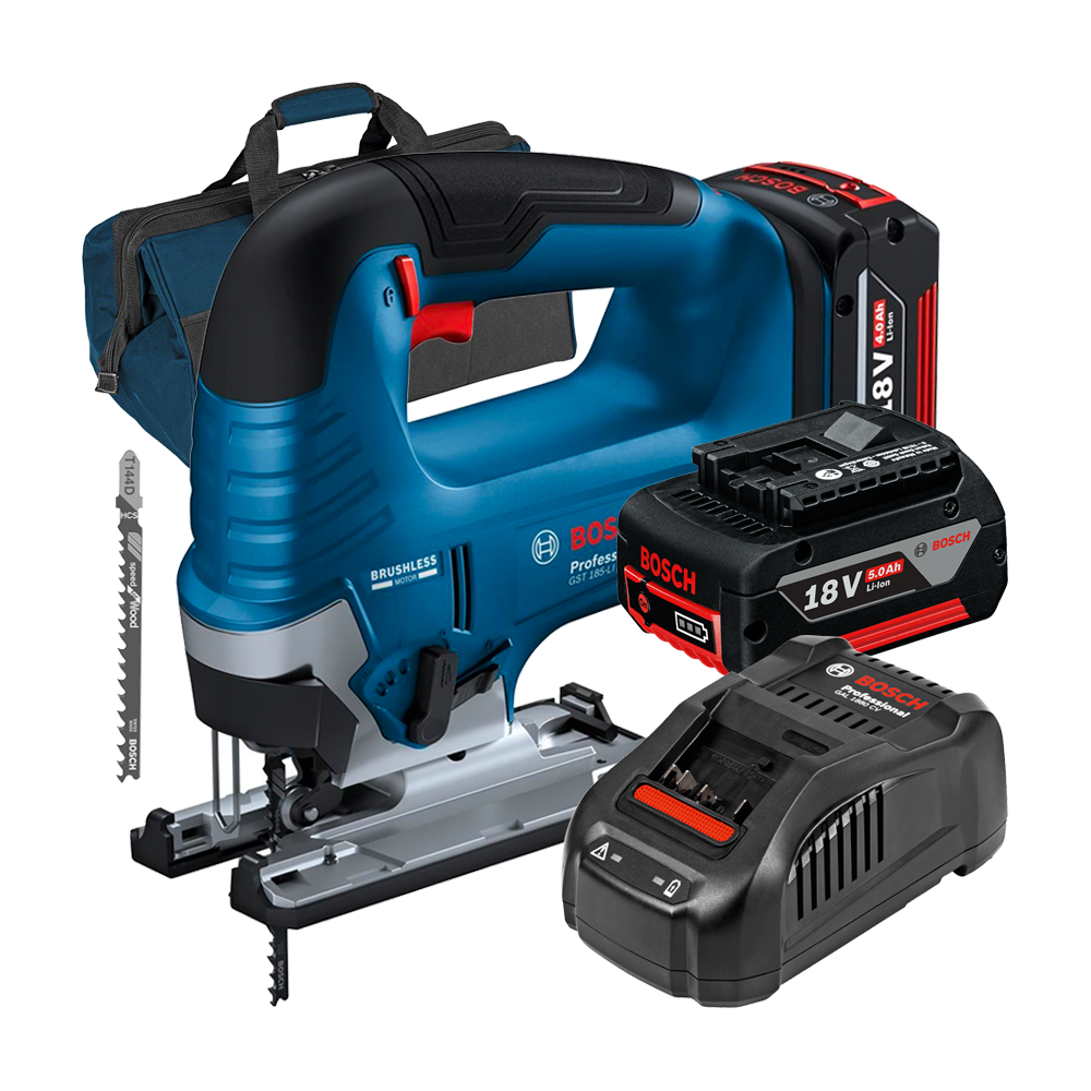 BOSCH GST 185-LI Ferastrau vertical  brushless, +  Set 2 acumulatori 5Ah CoolPack + Incarcator 8Ah + Geanta textil mediu