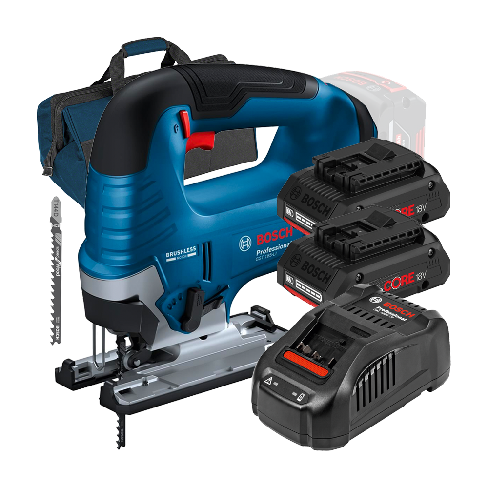 BOSCH GST 185-LI Ferastrau vertical brushless, +  Set 2 acumulatori 4Ah ProCore + Incarcator 8Ah + Geanta textil mediu