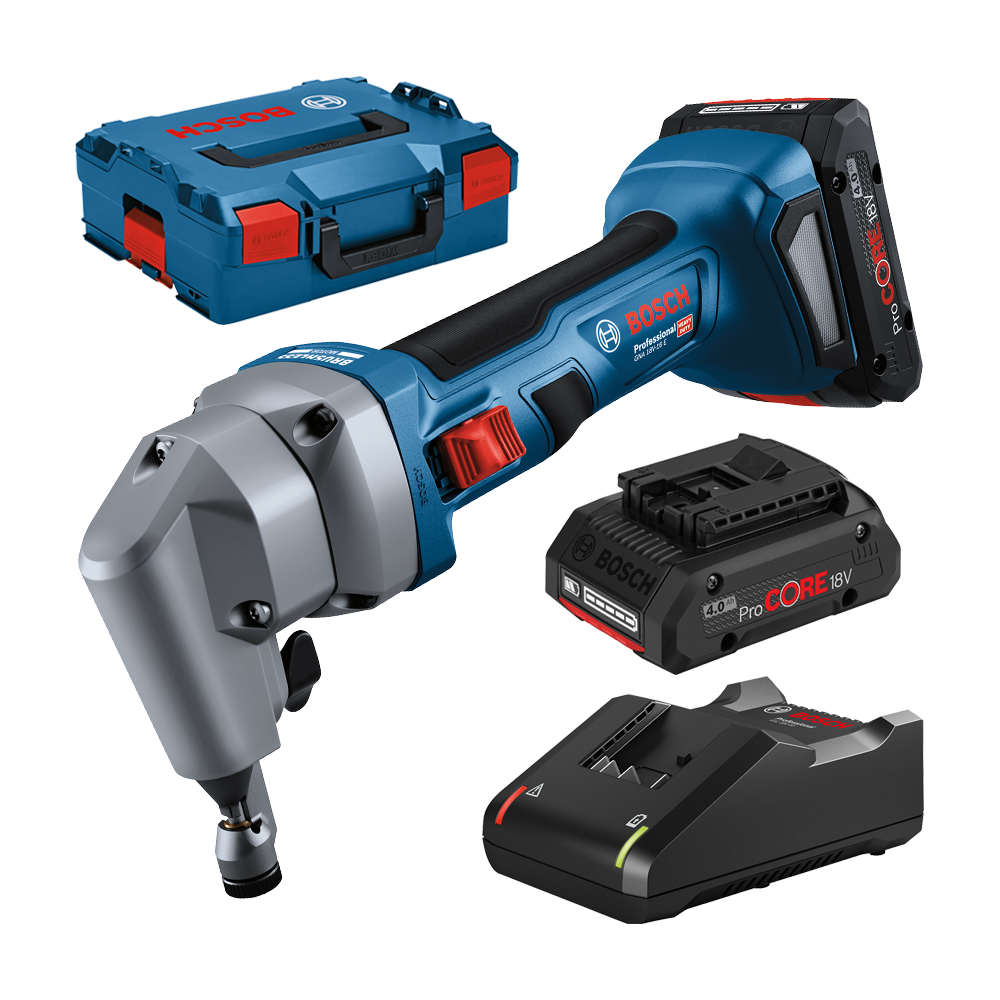 BOSCH GNA 18V-16 E Masina de stantat cu 2 acumulatori Li-Ion, 4Ah ProCore + Incarcator 4Ah + L-BOXX