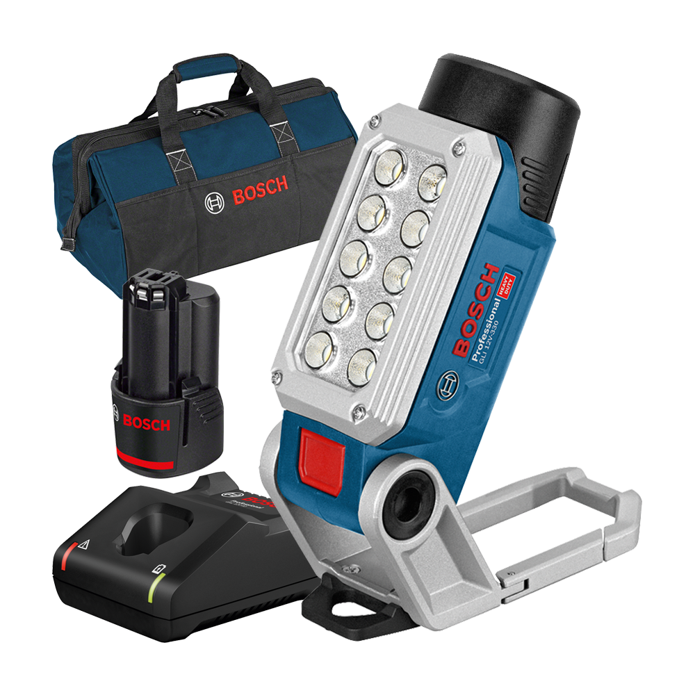 BOSCH GLI 12V-330 Lampa cu 2 acumulatori Li-Ion, 3Ah + Incarcator rapid de 4Ah GAL12V-40 + Geanta textil