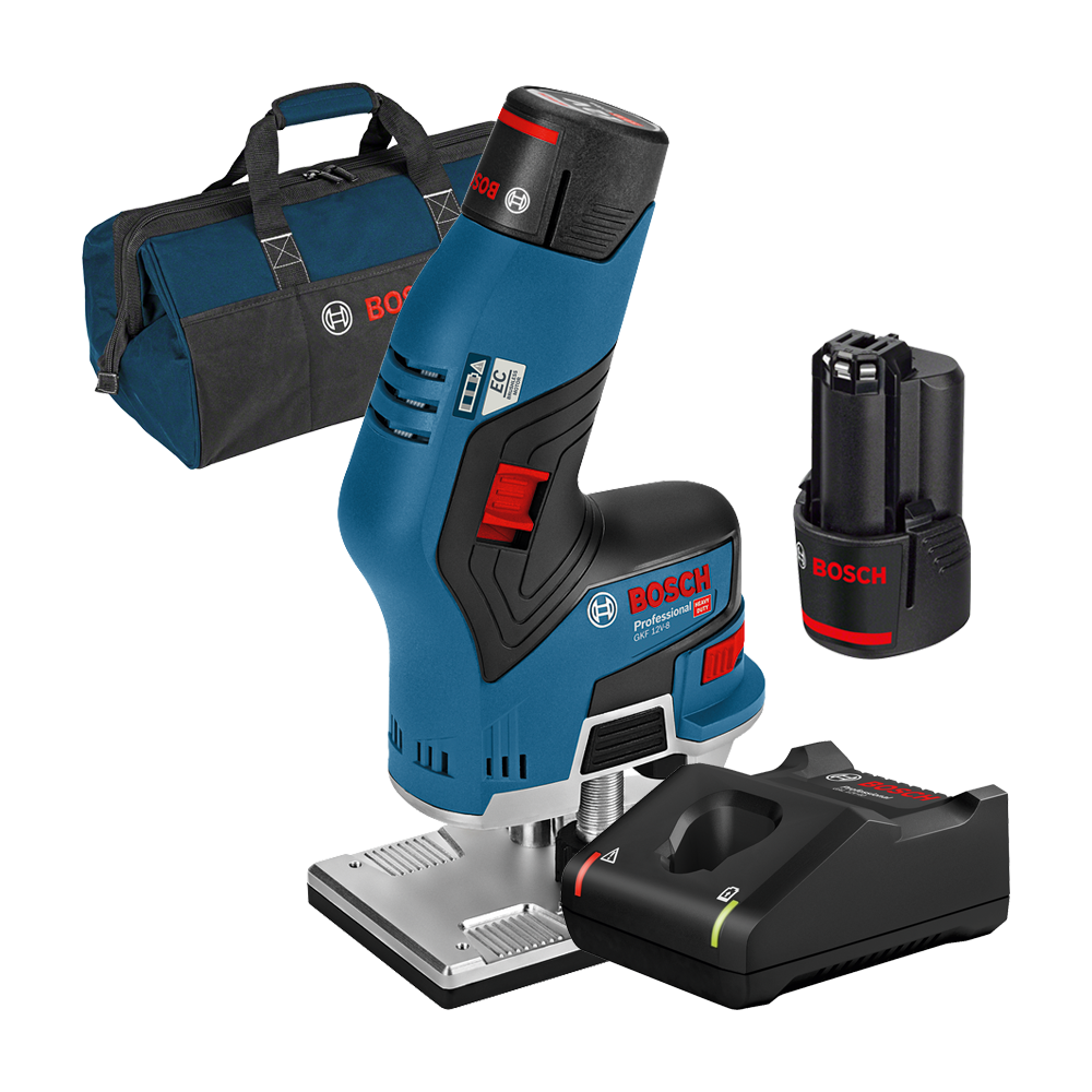 BOSCH GKF 12V-8 Masina de frezat muchii cu 2 acumulatori Li-Ion, 3Ah + Incarcator rapid de 4Ah GAL12V-40 + Geanta textil