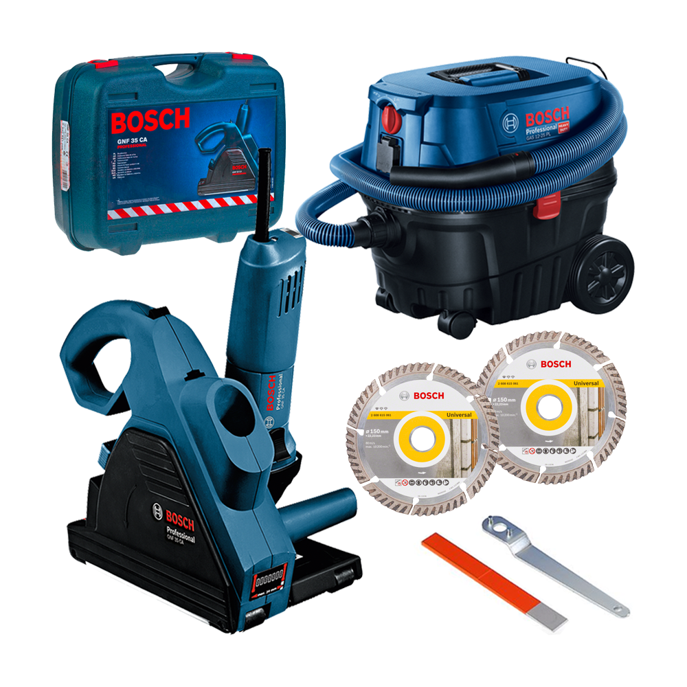 BOSCH GNF 35 CA Masina de frezat caneluri in zidarie 1400 W + GAS 12-25 PL Aspirator + 2 Discuri diamantate 150 mm universale