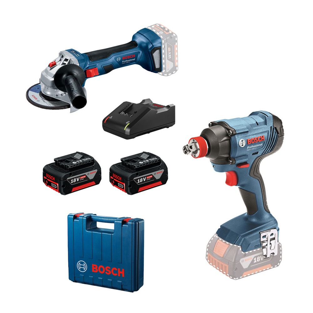 Bosch GDX180-LI Masina de gaurit cu percutie + GWS180-LI Polizor unghiular + 2xacumulatori 4Ah, GBA 18V + incarcator GAL18V-40 +