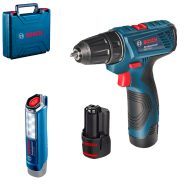BOSCH GSR 120-Li + GLI 12V-300 Masina de gaurit si insurubat cu 2 acumulatori Li-Ion, 2Ah, 30Nm + Lanterna