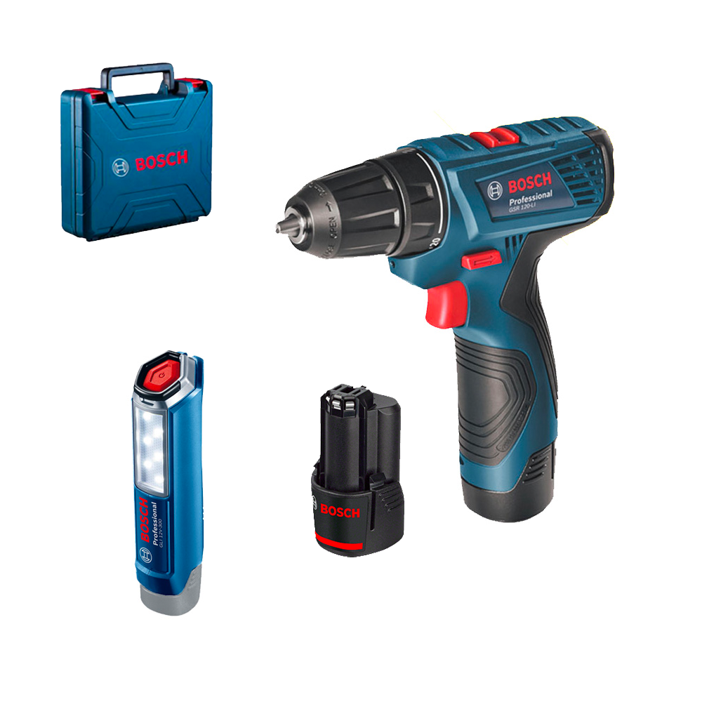 BOSCH GSR 120-Li + GLI 12V-300 Masina de gaurit si insurubat cu 2 acumulatori Li-Ion, 2Ah, 30Nm + Lanterna