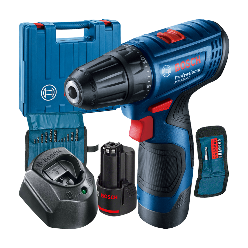 BOSCH GSR 120-LI Masina de gaurit si insurubat cu 2 acumulatori Li-Ion, 2Ah, 30Nm + Valiza + Set 23 accesorii