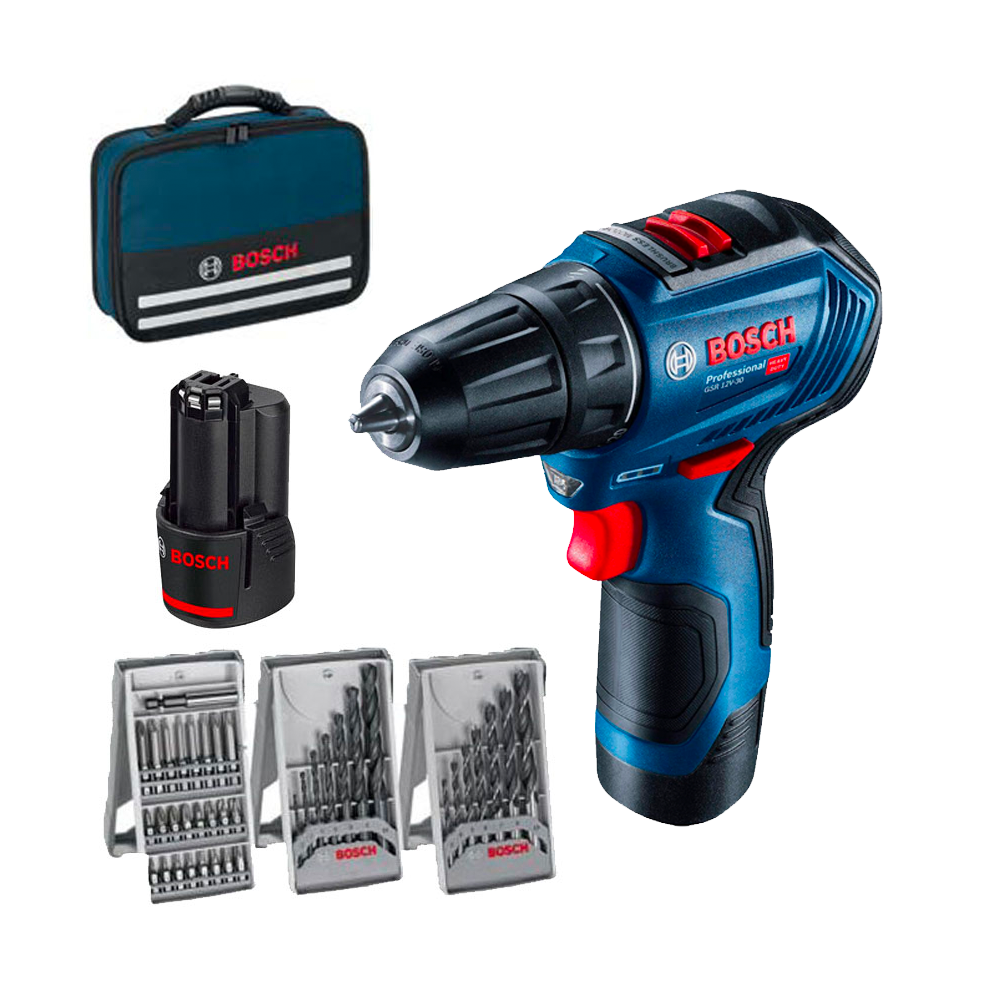 BOSCH GSR 12V-30 Masina de gaurit si insurubat brushless cu 2 acumulatori Li-Ion, 2Ah, 30Nm + 3 Set Accesorii in Geanta textila