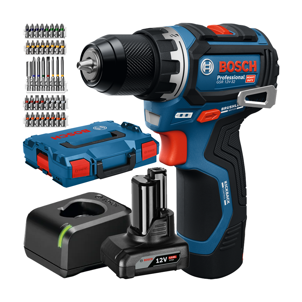 BOSCH GSR 12V-32 Masina de gaurit si insurubat brushless cu 2 acumulatori Li-Ion unul de 2Ah si unul de 4Ah, 32Nm + Set 40 biti