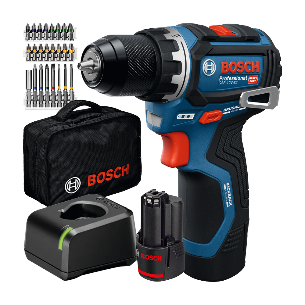 BOSCH GSR 12V-32 Masina de gaurit si insurubat brushless cu 2 acumulatori Li-Ion, 2Ah, 32Nm + Set 24 accesorii + Geanta textil