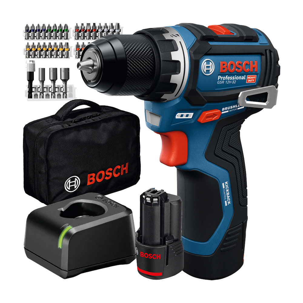 BOSCH GSR 12V-32 Masina de gaurit si insurubat brushless cu 2 acumulatori Li-Ion, 2Ah, 32Nm + Set 36 accesorii + Geanta textil