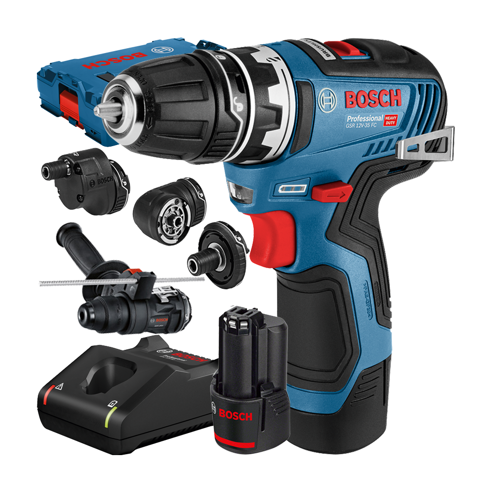 BOSCH GSR 12V-35 FC ET Masina de gaurit si insurubat cu 2 acumulatori Li-Ion, 3Ah, 35Nm + 5 atasamente + L-BOXX