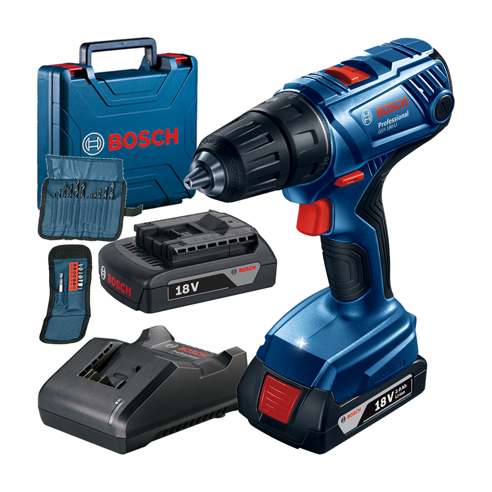 BOSCH GSR 180-LI Masina de gaurit si insurubat cu 2 acumulatori Li-Ion, 2Ah, 54Nm + Set 23 accesorii + Valiza