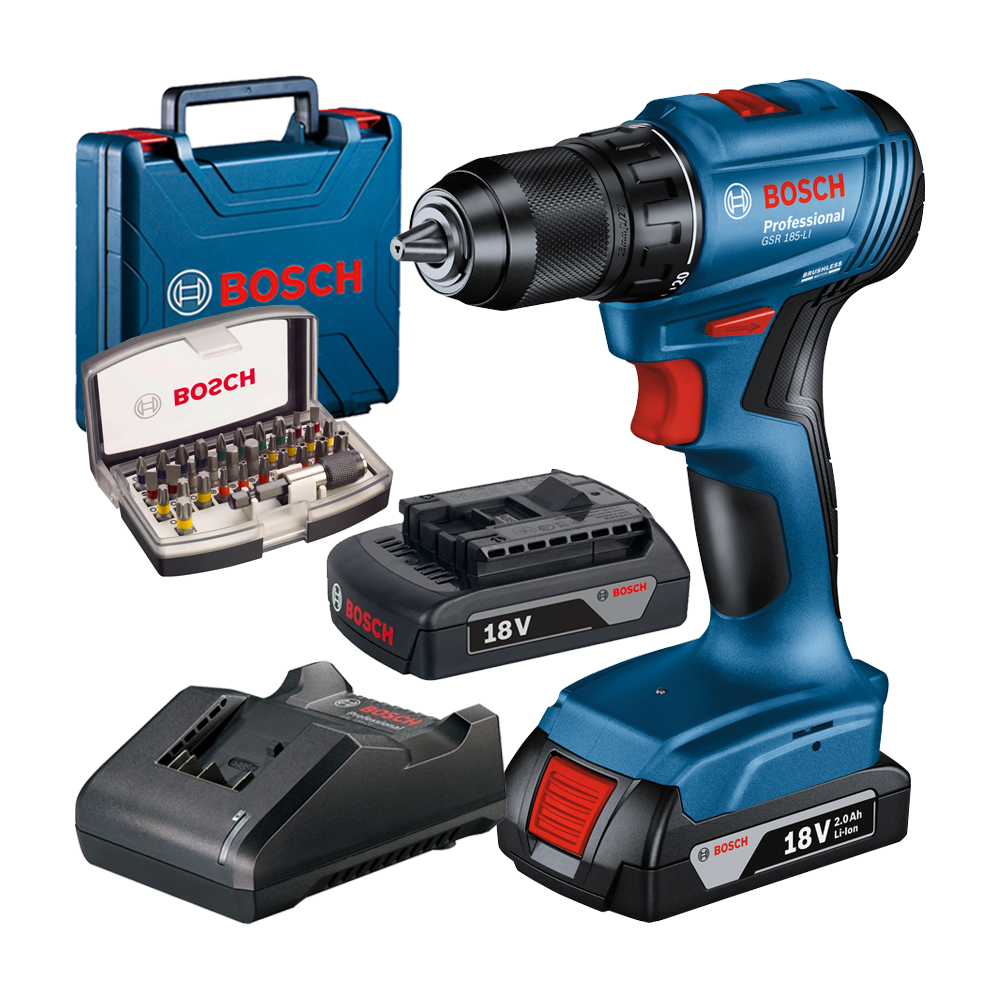 BOSCH GSR 185-LI Masina de gaurit si insurubat brushless cu 2 acumulatori Li-Ion, 2Ah, 50Nm + Valiza + Caseta 31 biti cu adaptor