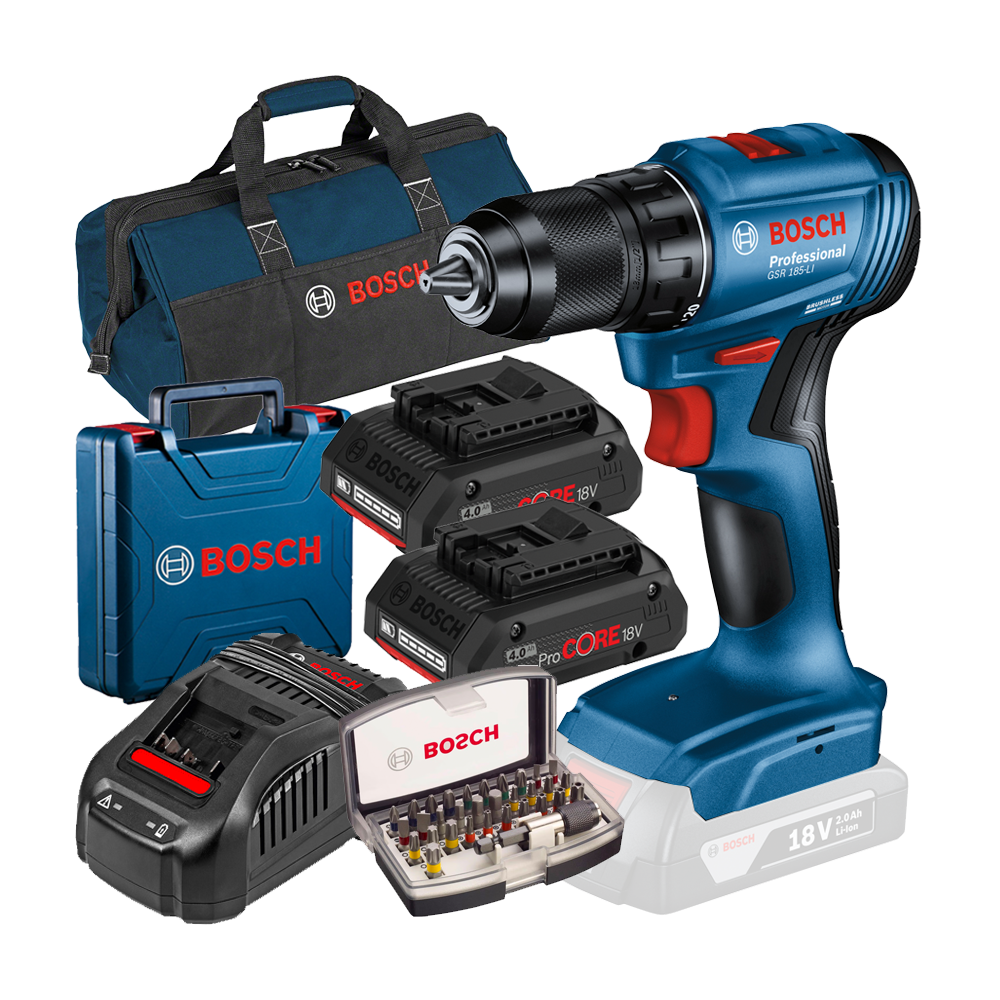 BOSCH GSR 185-LI Masina de gaurit si insurubat brushless cu 2 acumulatori Li-Ion, 4Ah, 50Nm + Incarcator rapid de 8Ah + Caseta 3