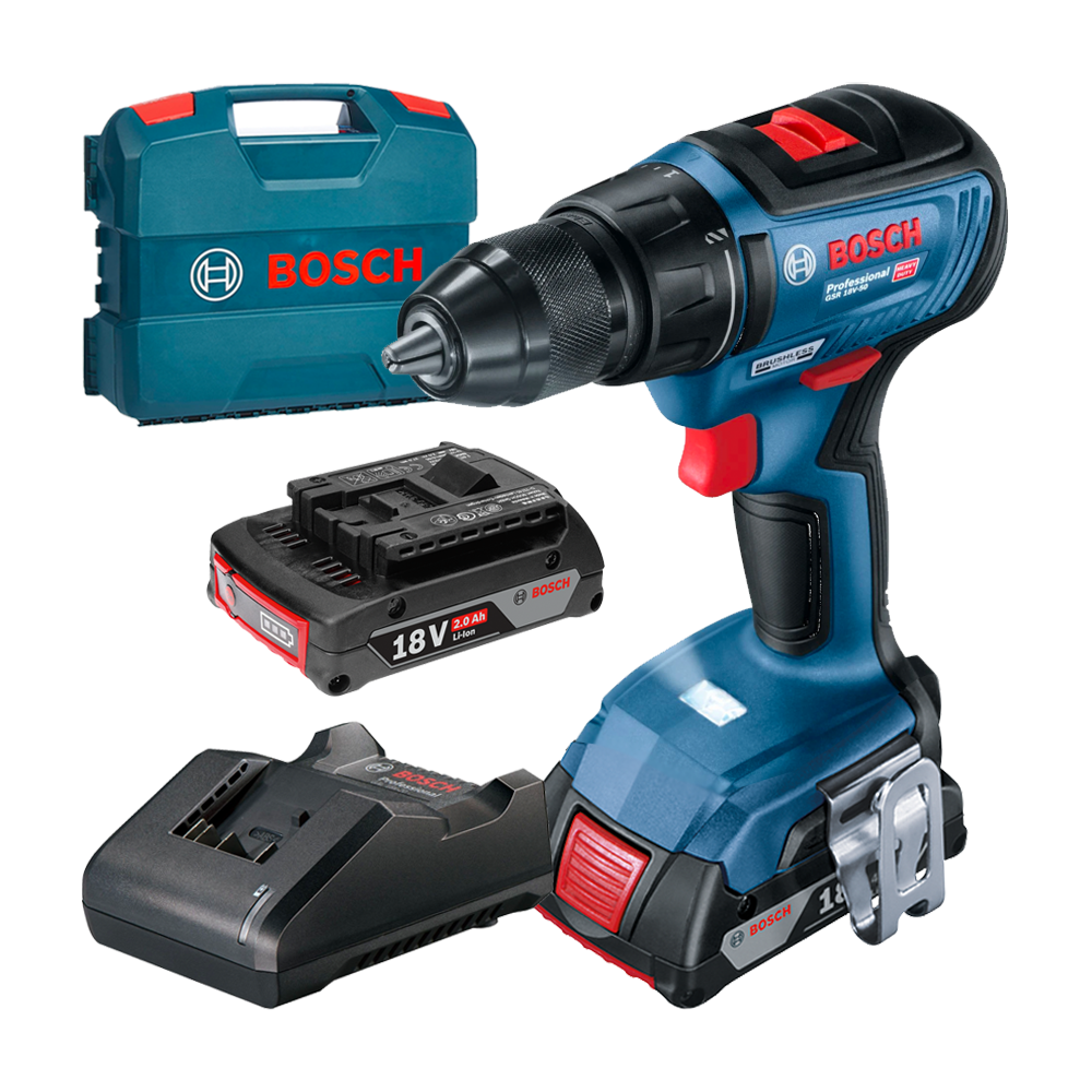 BOSCH GSR 18V-50 Masina de gaurit si insurubat brushless cu 2 acumulatori Li-Ion, 2Ah, 50Nm, cu incarcator de 2Ah GAL18V-20 in V
