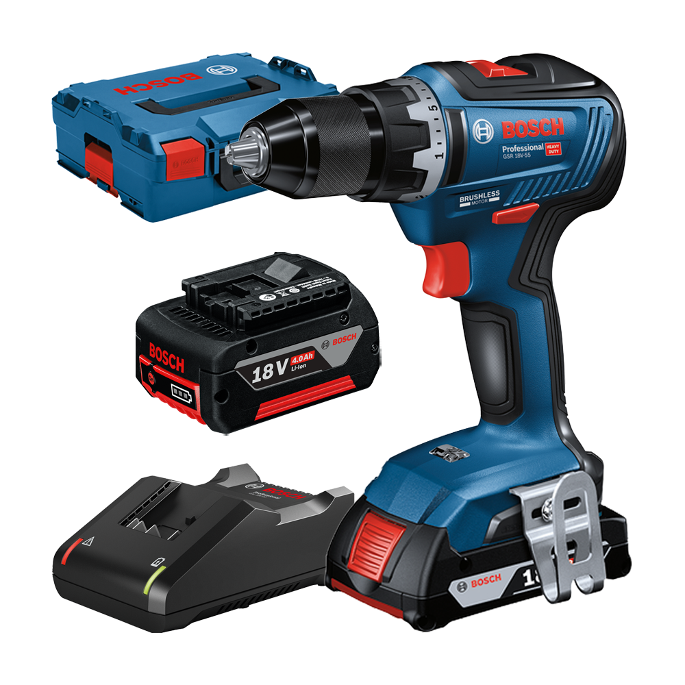 BOSCH GSR 18V-55 Masina de gaurit si insurubat brushless, cu 2 acumulatori Li-Ion,  unul de 4Ah, si unul de 2Ah, 55Nm + L-BOXX