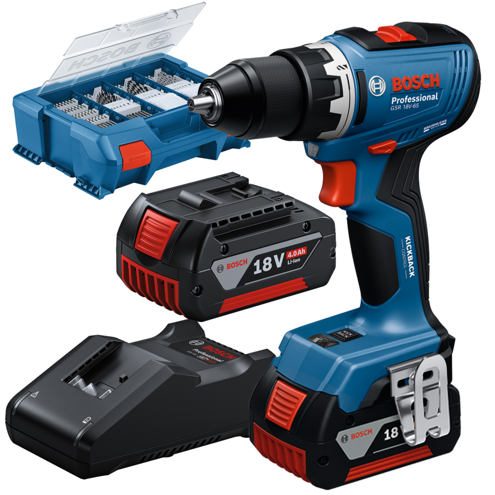 BOSCH GSR 18V-65 Masina de gaurit si insurubat Li-Ion, 63Nm, brushless + L-Case + 2x acumulatori Li-Ion, 18V, 4Ah + Incarcator