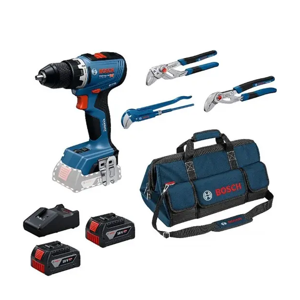 BOSCH GSR 18V-65 Masina de gaurit si insurubat brushless cu 2 acumulatori Li-Ion, 5Ah, 63Nm + Set 3 clesti pentru instalatii san