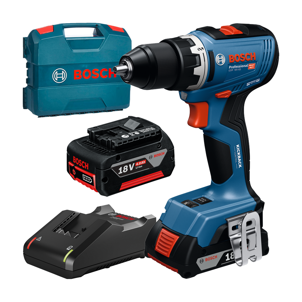 BOSCH GSR 18V-65 Masina de gaurit si insurubat brushless cu 2 acumulatori Li-Ion, unul de 2Ah si unul de 4Ah, 63Nm + Valiza L-CA