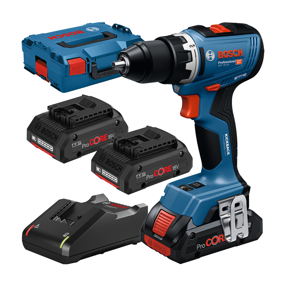 BOSCH GSR 18V-65 Masina de gaurit si insurubat brushless cu 3 acumulatori ProCore Li-Ion, 4Ah, 63Nm + Valiza L-BOXX