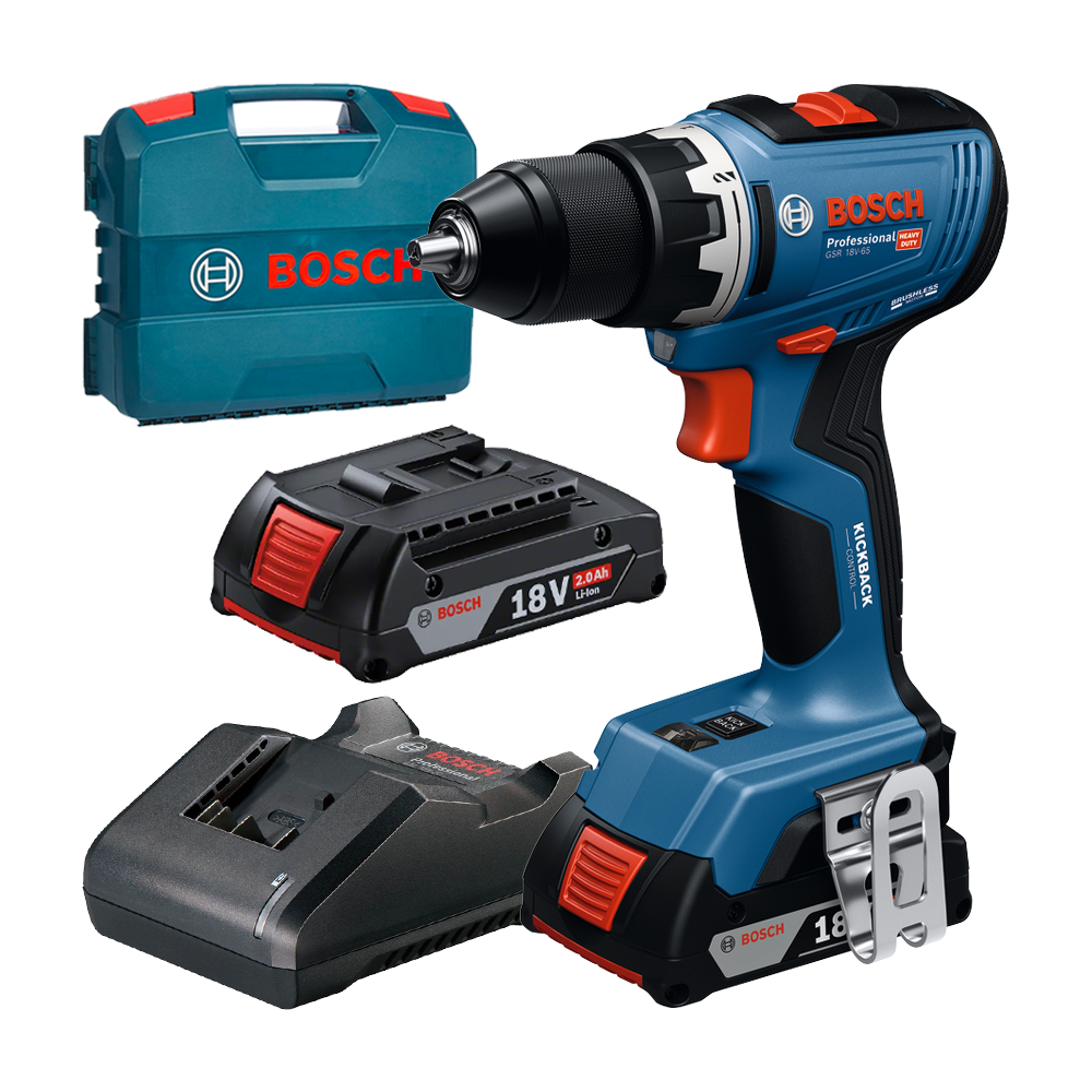 BOSCH GSR 18V-65 Masina de gaurit si insurubat brushless, cu 2 acumulatori Li-Ion, 2Ah, 63Nm + Incarcator 2Ah + Valiza L-CASE