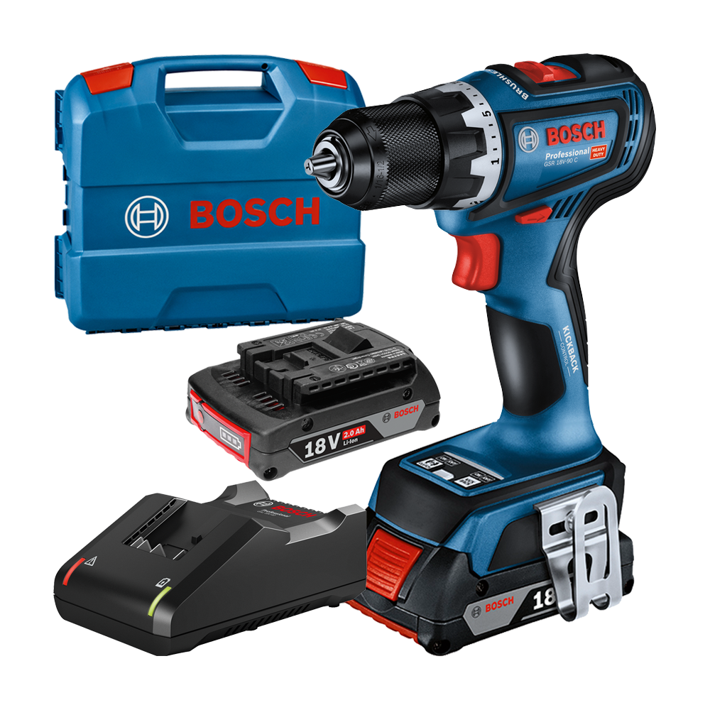 BOSCH GSR 18V-90 C Masina de gaurit si insurubat brushless cu 2 acumulatori Li-Ion, 2Ah, 64Nm + Valiza