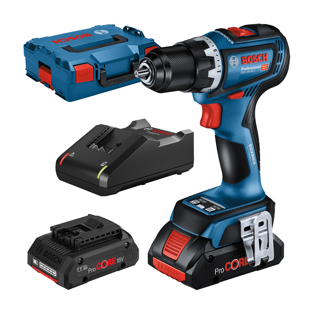 BOSCH GSR 18V-90 C Masina de gaurit si insurubat brushless cu 2 acumulatori Li-Ion, 4Ah ProCore, 64Nm + L-BOXX