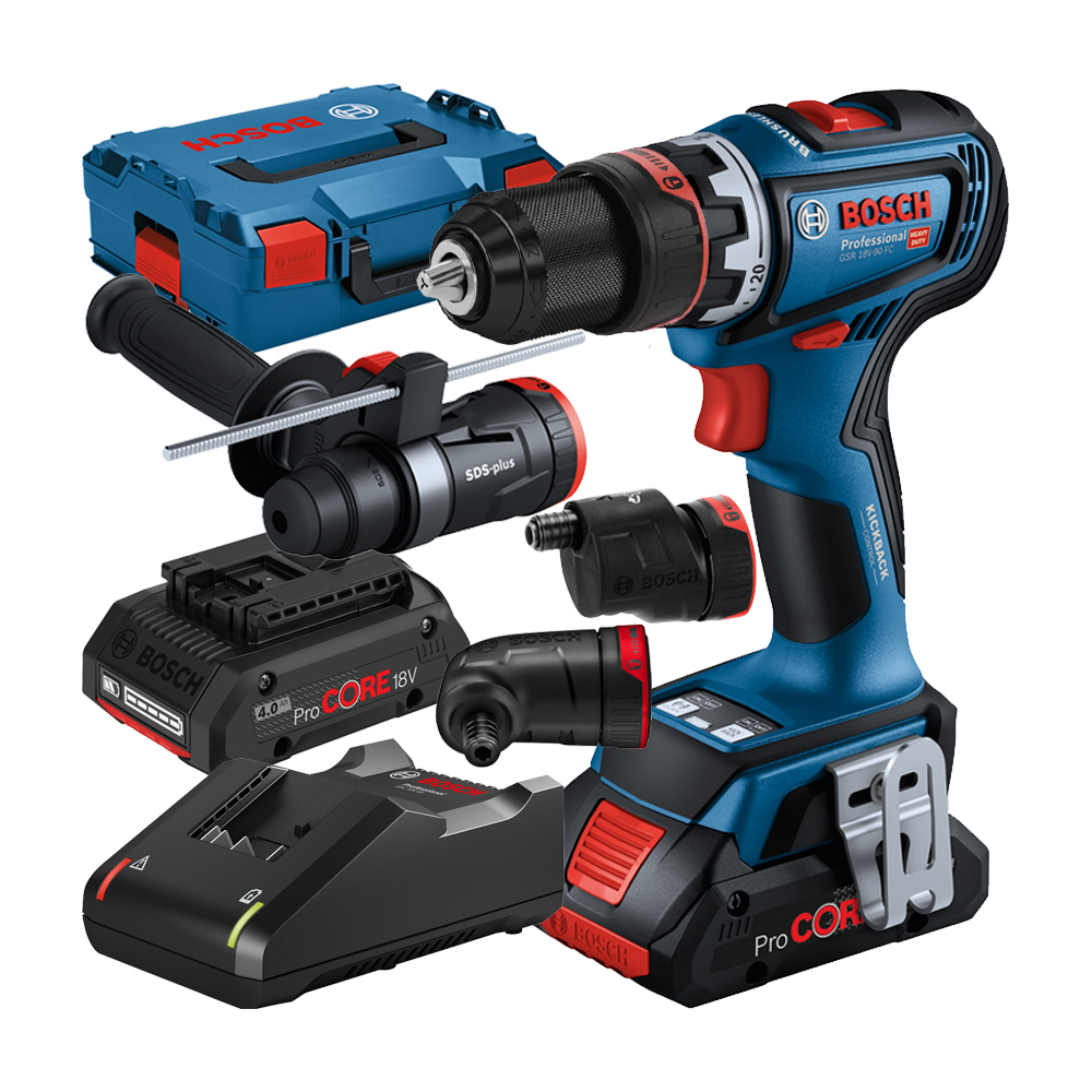 BOSCH GSR 18V-90 FC + GFA 18-M + GFA 18-W + GFA 18-E + G Masina de gaurit si insurubat brushless cu 2 acumulatori Li-Ion, 4Ah Pr