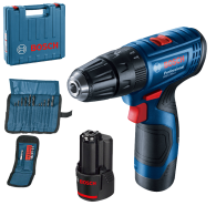 BOSCH GSB 120-LI Masina de gaurit cu percutie cu 2 acumulatori Li-Ion, 2Ah, 30Nm + Set 23 accesorii