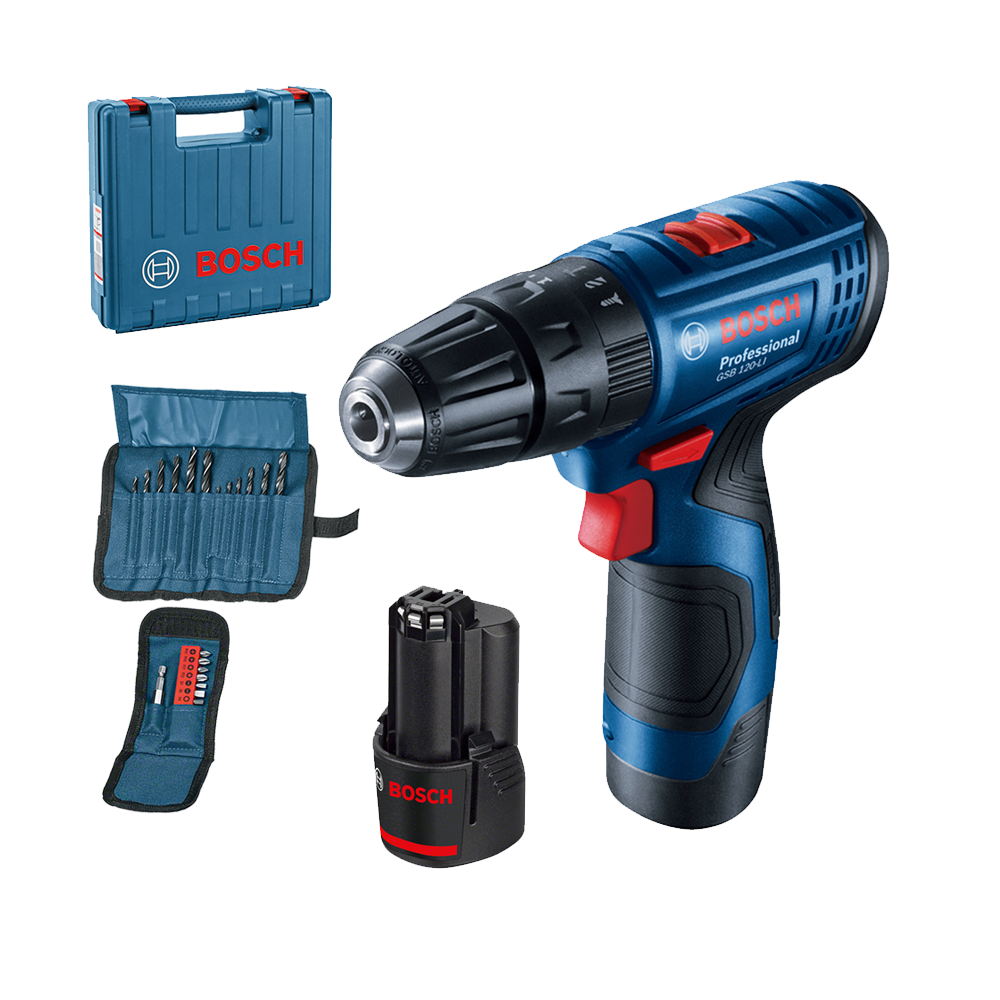 BOSCH GSB 120-LI Masina de gaurit cu percutie cu 2 acumulatori Li-Ion, 2Ah, 30Nm + Set 23 accesorii