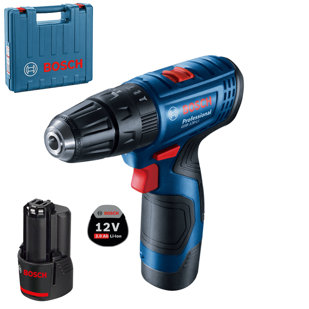 BOSCH GSB 120-LI Masina de gaurit cu percutie cu 2 acumulatori Li-Ion, 2Ah, 30Nm + Valiza