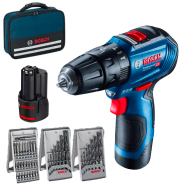 BOSCH GSB 12V-30 Masina de gaurit cu percutie brushless cu 2 acumulatori Li-Ion, 2Ah, 30Nm + 3 Set Accesorii in Geanta textila