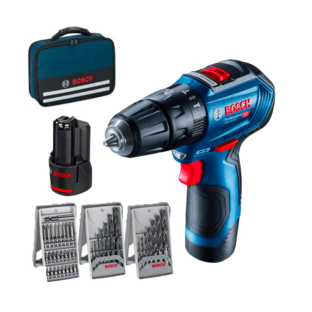 BOSCH GSB 12V-30 Masina de gaurit cu percutie brushless cu 2 acumulatori Li-Ion, 2Ah, 30Nm + 3 Set Accesorii in Geanta textila