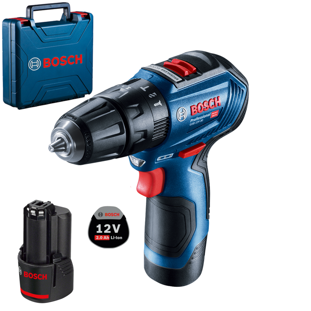 BOSCH GSB 12V-30 Masina de gaurit cu percutie brushless cu 2 acumulatori Li-Ion, 2Ah, 30Nm + Valiza
