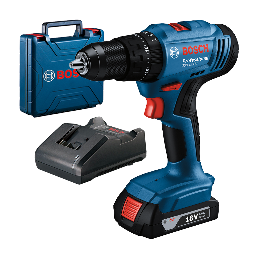 BOSCH GSB 183-LI Masina de gaurit cu percutie 18V, 56Nm cu 1 acumulator de 2Ah + Incarcator + Valiza